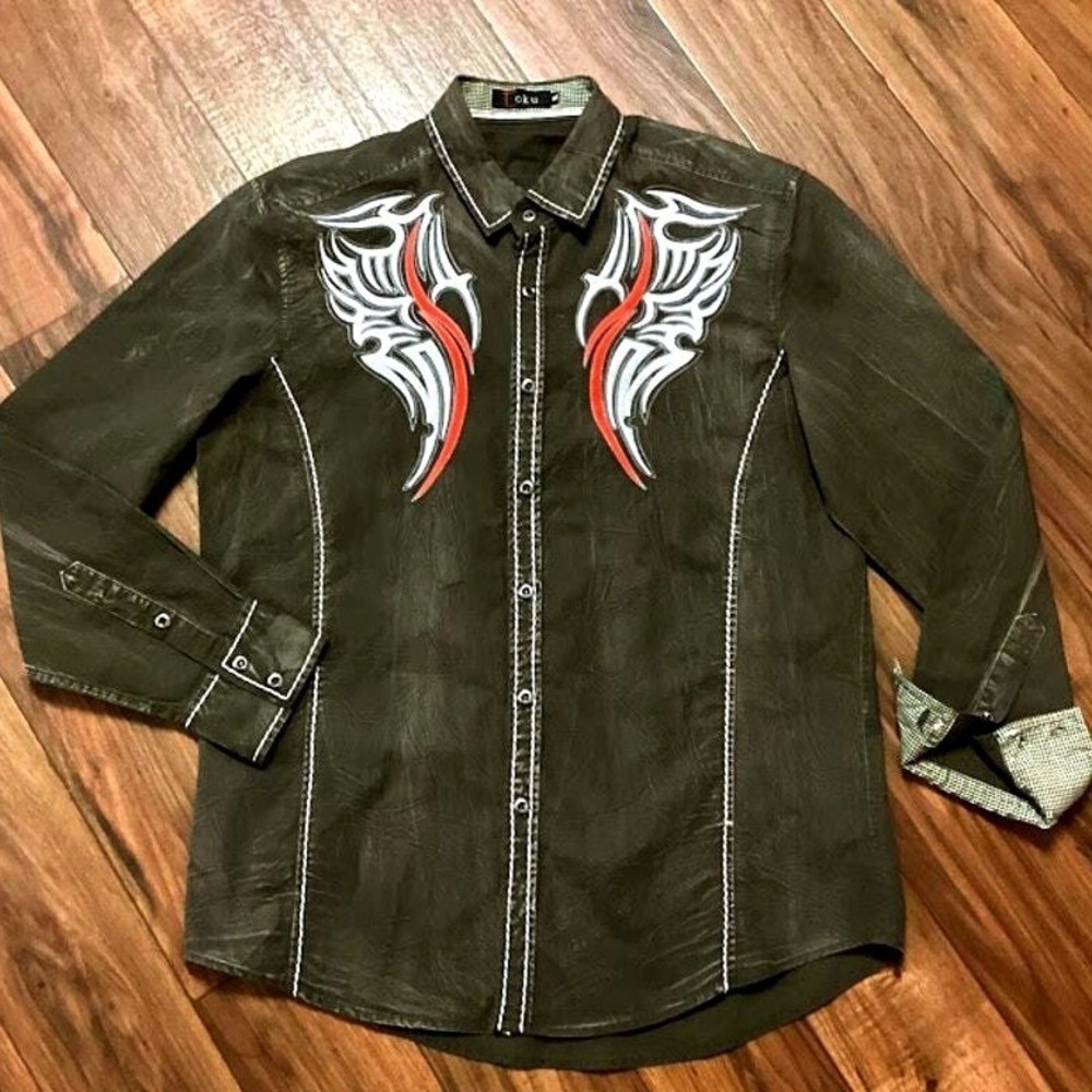 Toku‎ Long Sleeve Button Down Embellished Western Shirt in Washed Brown XL